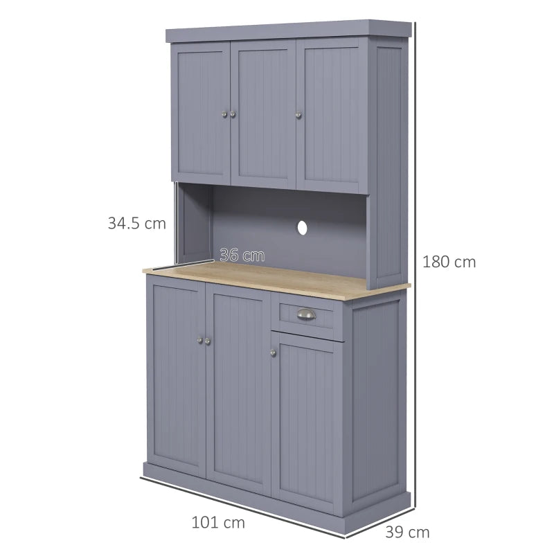 180cm Freestanding Kitchen Cabinet – Tall Storage Cupboard with Drawer, Shelves, Open Countertop and 6 Doors