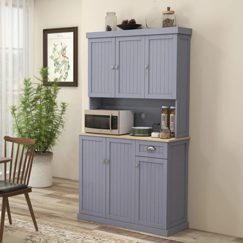 180cm Freestanding Kitchen Cabinet – Tall Storage Cupboard with Drawer, Shelves, Open Countertop and 6 Doors