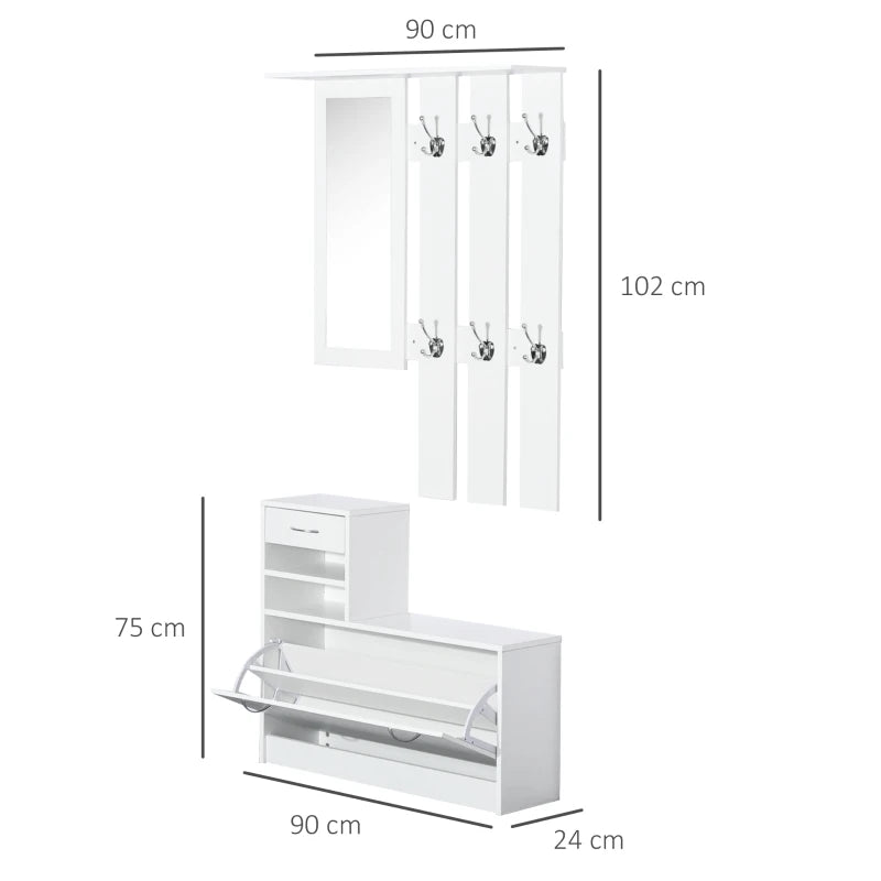 2-Piece Shoe Storage Cabinet and Clothes Rack with Mirror, Shelves, and 6 Hooks