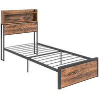 Industrial Single Bed Frame with Storage Headboard – Rustic Brown & Black