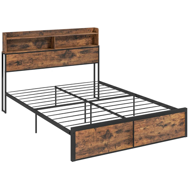 Industrial Single Bed Frame with Storage Headboard – Rustic Brown & Black