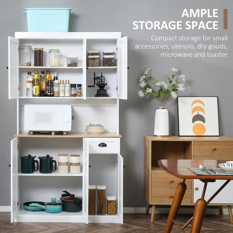 180cm Freestanding Kitchen Cabinet – Tall Storage Cupboard with Drawer, Shelves, Open Countertop and 6 Doors