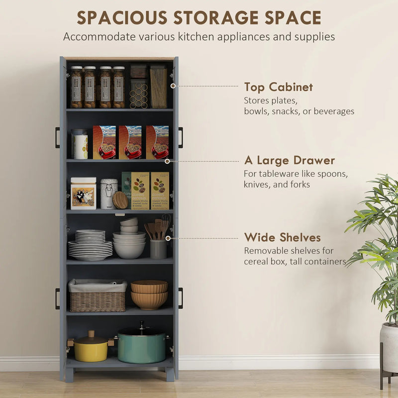 Freestanding Kitchen Cupboard, 4-Door Storage Cabinet with Adjustable Shelves, Modern Kitchen Pantry for Dining Room, 170cm, Grey Wood Effect