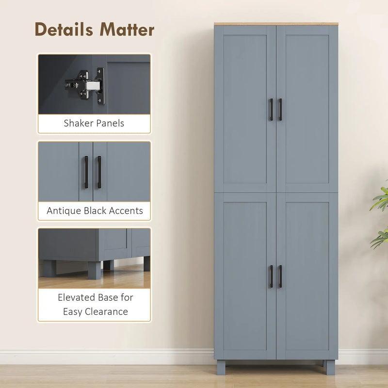Freestanding Kitchen Cupboard, 4-Door Storage Cabinet with Adjustable Shelves, Modern Kitchen Pantry for Dining Room, 170cm, Grey Wood Effect