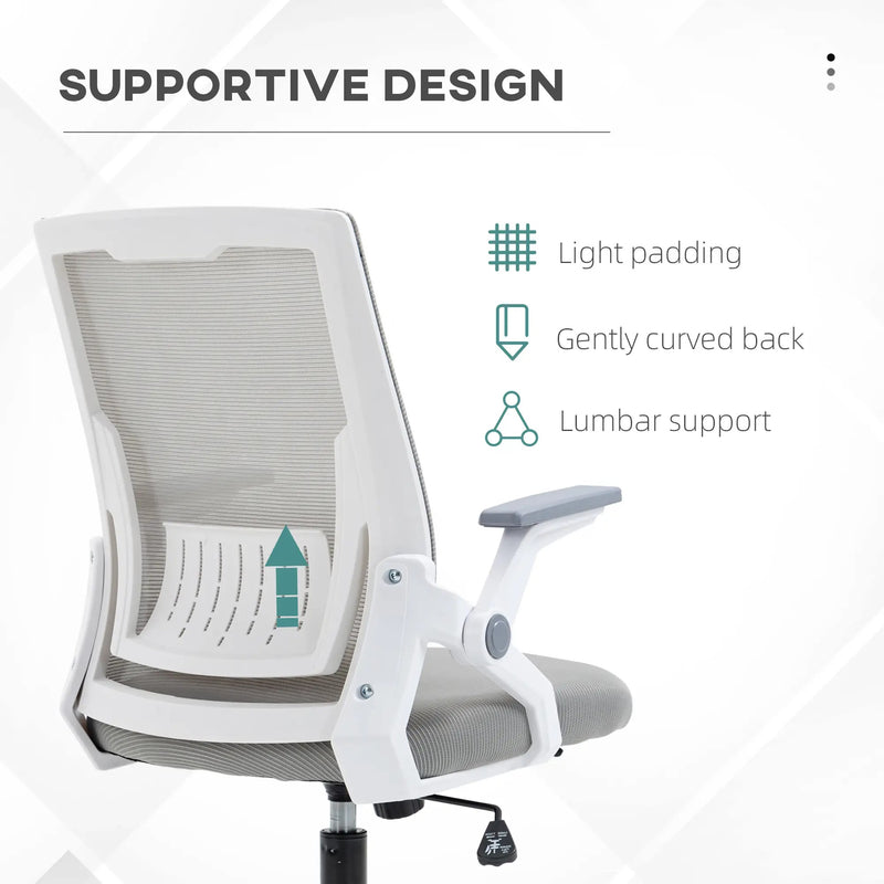 Mesh Office Chair, Desk Chair with Lumbar Support, Flip-up Armrest, Swivel Wheels, Adjustable Height, Grey