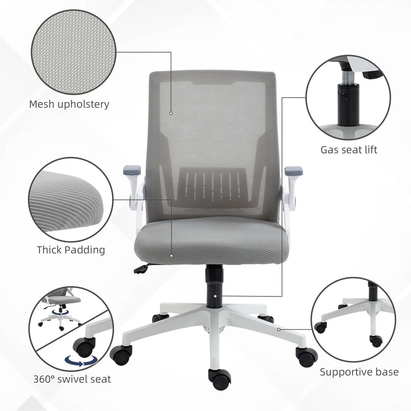 Mesh Office Chair, Desk Chair with Lumbar Support, Flip-up Armrest, Swivel Wheels, Adjustable Height, Grey