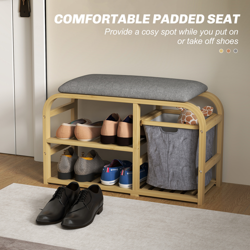 shoes Rack Bench w/ Seat, Natural Wood for Entryway/Hallway