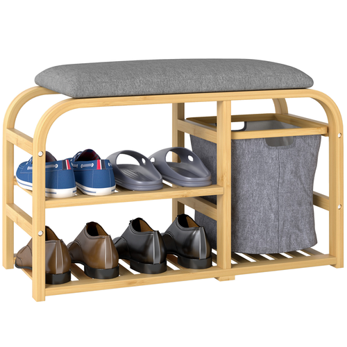 shoes Rack Bench w/ Seat, Natural Wood for Entryway/Hallway