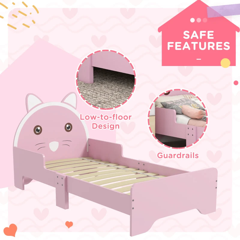 Cat-Themed Toddler Bed Frame with Guardrails – Pink