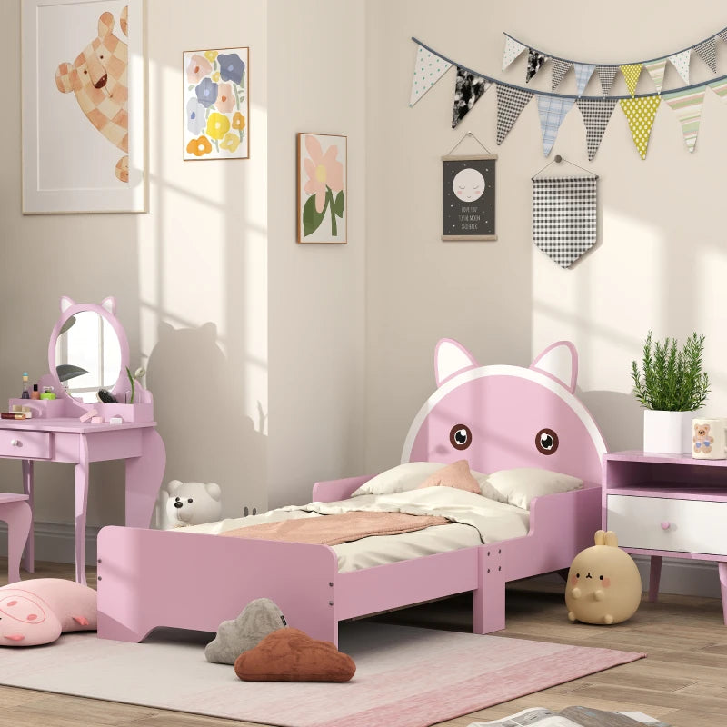 Cat-Themed Toddler Bed Frame with Guardrails – Pink
