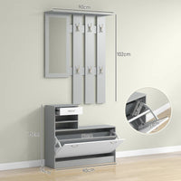 2-Piece Shoe Storage Cabinet and Clothes Rack with Mirror, Shelves, and 6 Hooks
