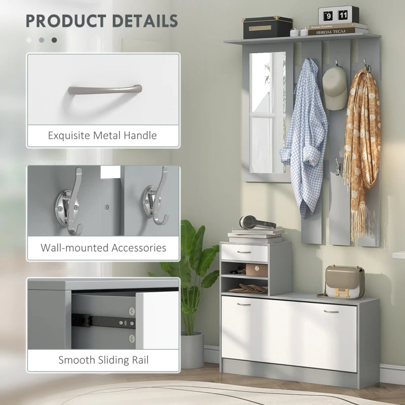 2-Piece Shoe Storage Cabinet and Clothes Rack with Mirror, Shelves, and 6 Hooks
