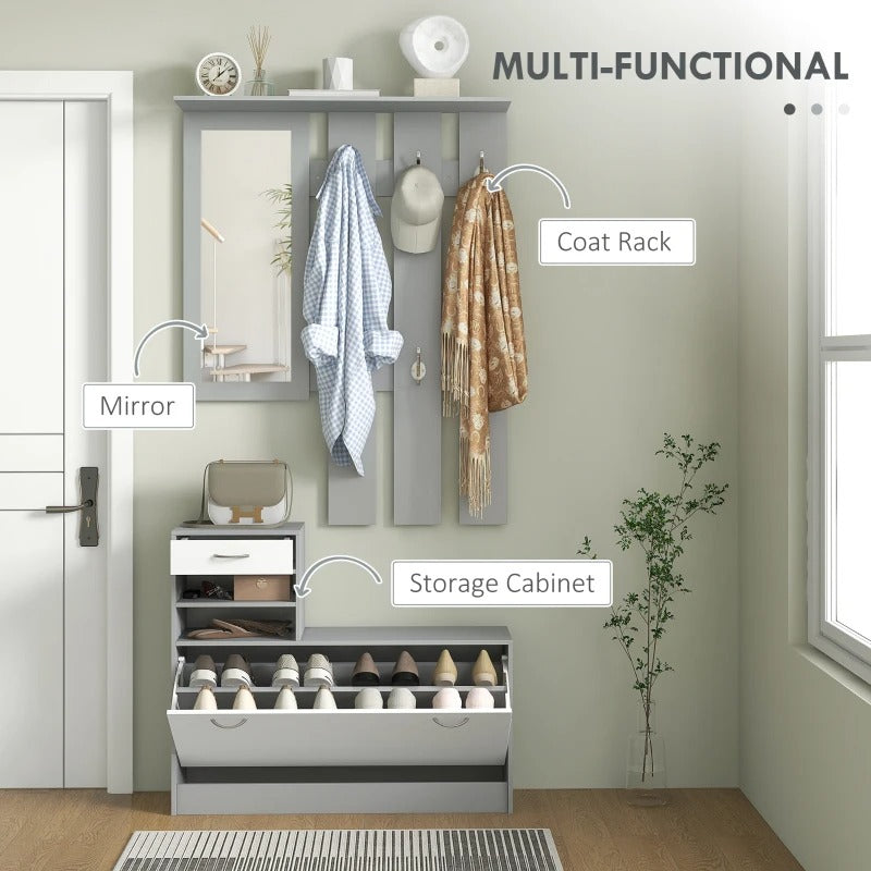 2-Piece Shoe Storage Cabinet and Clothes Rack with Mirror, Shelves, and 6 Hooks