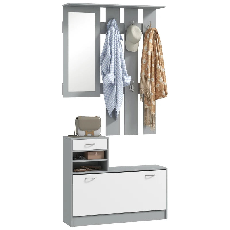 2-Piece Shoe Storage Cabinet and Clothes Rack with Mirror, Shelves, and 6 Hooks