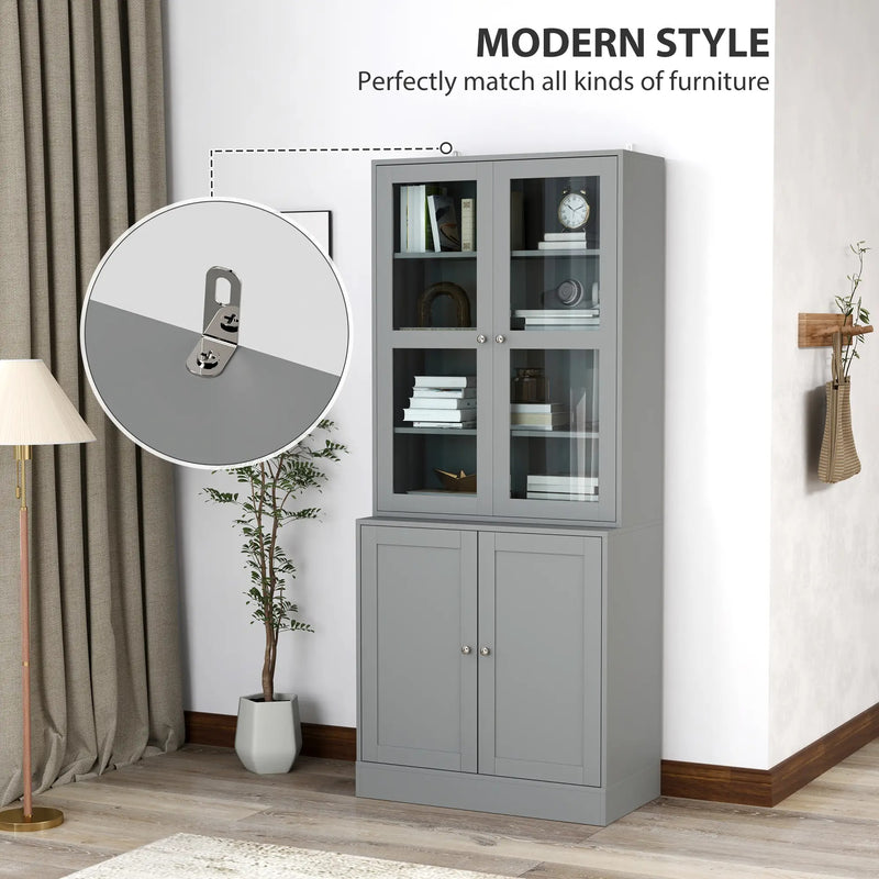 Modern Bookcase with Glass Doors, Display Storage Cabinet with Adjustable Shelves for Living Room, Study, Home Office, Kitchen Cupboard with Small Open Counter, White