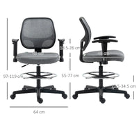 Drafting Chair, Fabric Office Chair, Ergonomic Painting Chair with Height Armrest Adjustable and Foot Ring, 360° Swivel Stool Chair for Standing Desk, Grey