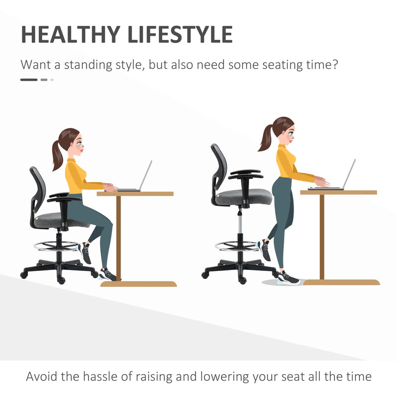 Drafting Chair, Fabric Office Chair, Ergonomic Painting Chair with Height Armrest Adjustable and Foot Ring, 360° Swivel Stool Chair for Standing Desk, Grey