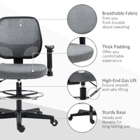 Drafting Chair, Fabric Office Chair, Ergonomic Painting Chair with Height Armrest Adjustable and Foot Ring, 360° Swivel Stool Chair for Standing Desk, Grey