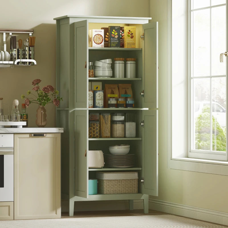 Tall Pantry Cupboard with Motion Sensor LED Light – Freestanding Kitchen Storage Cabinet