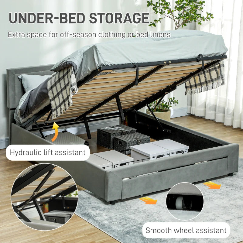 Double Ottoman Bed Frame with Storage Drawer – Grey