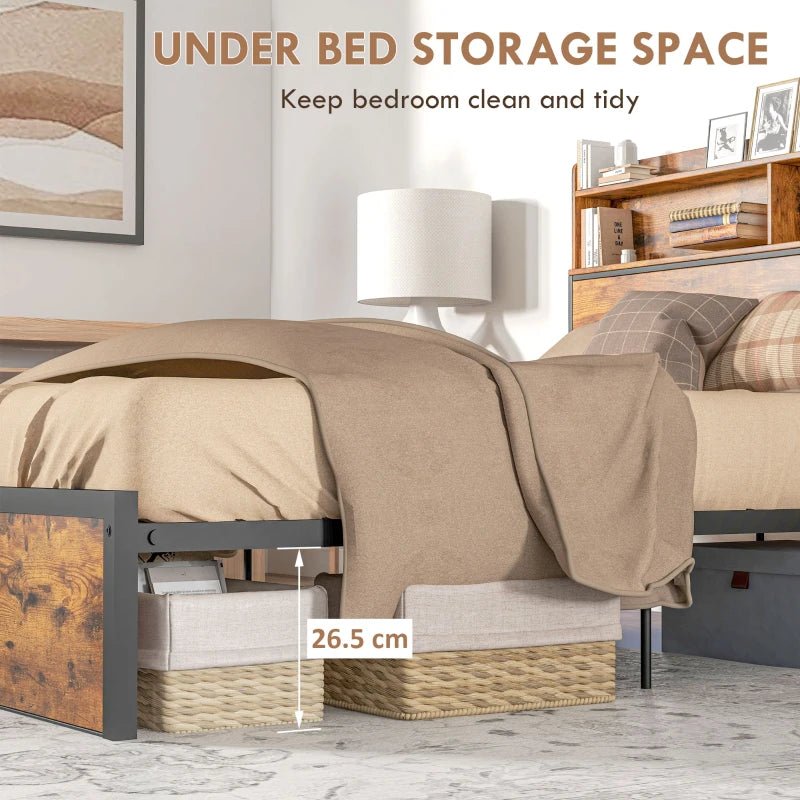 Industrial Single Bed Frame with Storage Headboard – Rustic Brown & Black