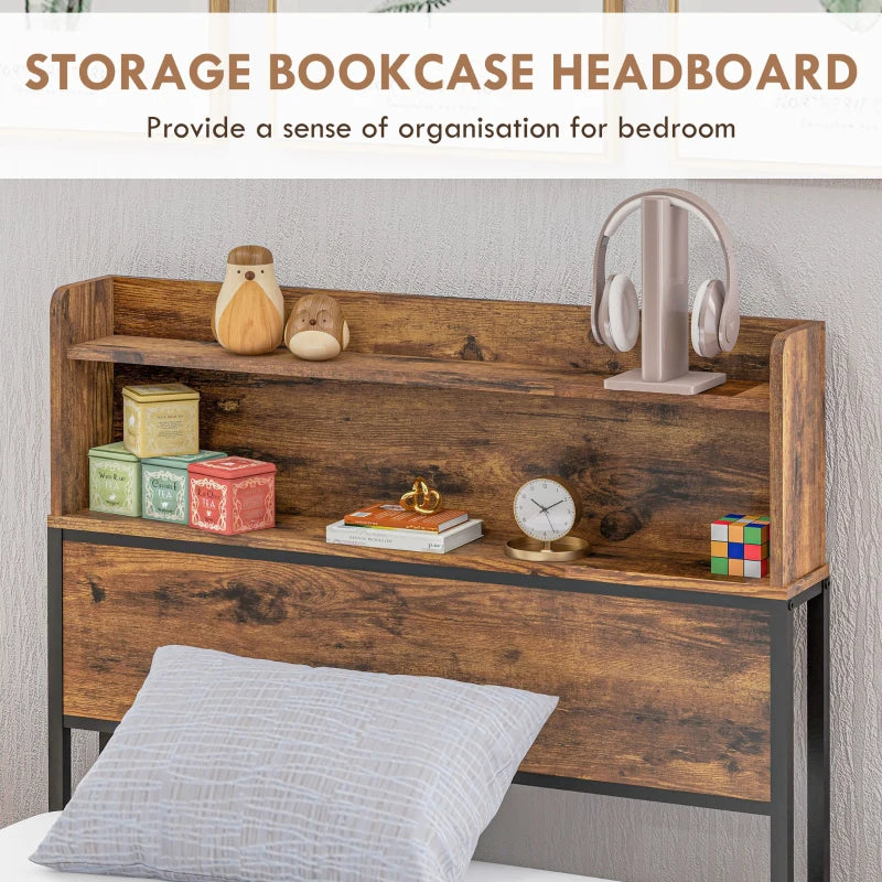 Industrial Single Bed Frame with Storage Headboard – Rustic Brown & Black