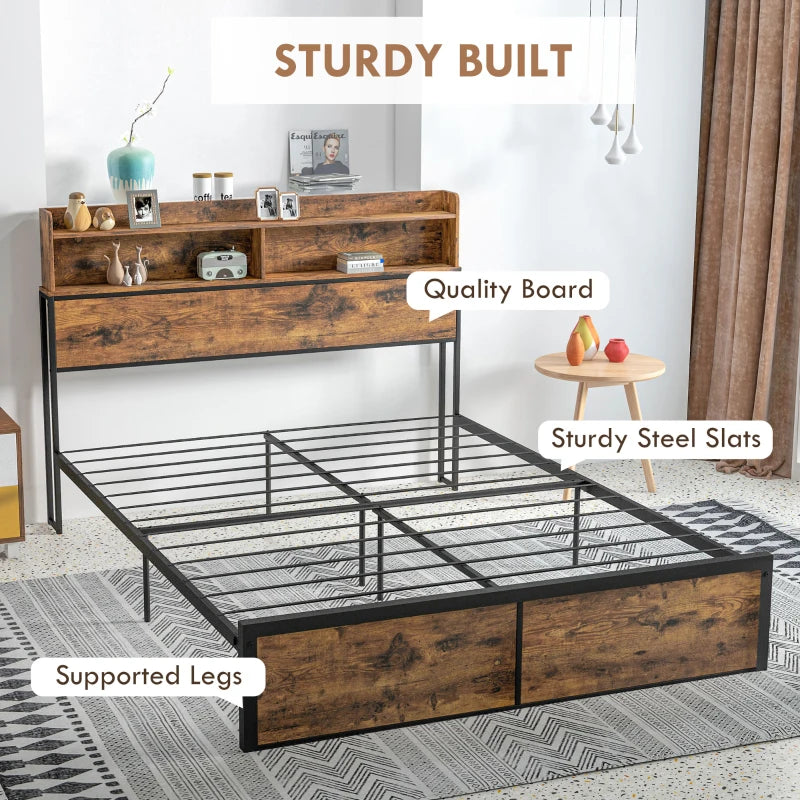 Industrial Single Bed Frame with Storage Headboard – Rustic Brown & Black