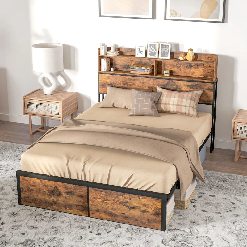 Industrial Single Bed Frame with Storage Headboard – Rustic Brown & Black
