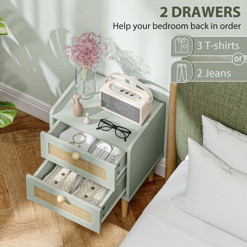 Boho Rattan Bedroom Chest of Drawers, 2 Drawer Dressers, Olive Green