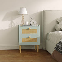 Boho Rattan Bedroom Chest of Drawers, 2 Drawer Dressers, Olive Green