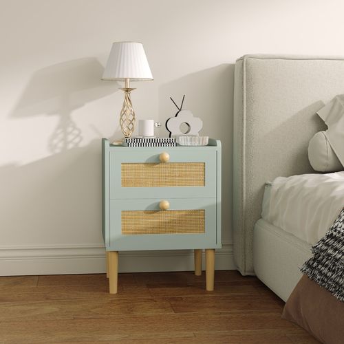Boho Rattan Bedroom Chest of Drawers, 2 Drawer Dressers, Olive Green
