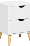 Elegant White Nightstand with Two Drawers and Natural Wood Legs