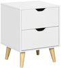 Elegant White Nightstand with Two Drawers and Natural Wood Legs