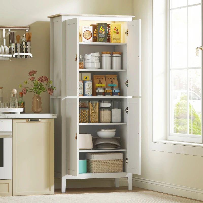 Tall Pantry Cupboard with Motion Sensor LED Light – Freestanding Kitchen Storage Cabinet